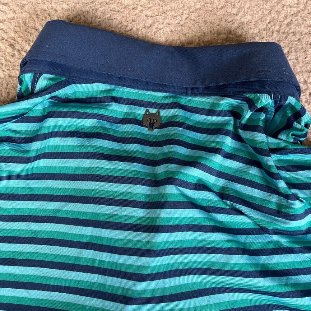 GREYSON Golf Polo XL Blue Green Black Stripe Performance B on Sleeve Wolf Logo - Picture 7 of 11